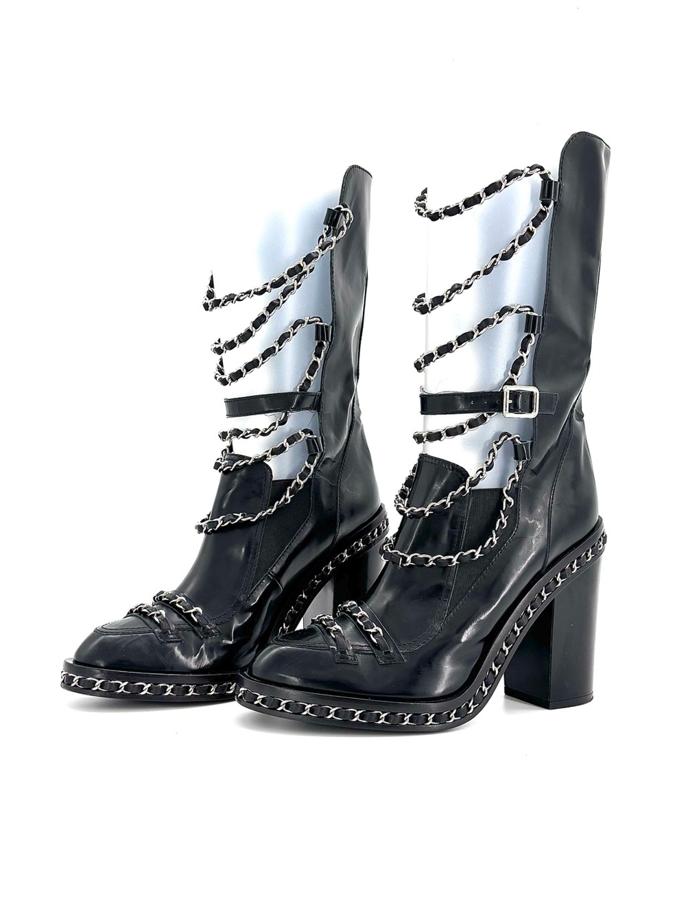 Chanel A/W2013 Karl Lagerfeld Chain Obsession Patent Leather Block Heel Boots 39